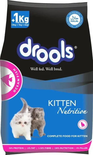 Drools Adult(1-12 months) Dry Cat Food, Ocean Fish Brand: Drools Item Weight: 1.2kg Target Species: Fish, Cat Sardine, mackerel, and eggs are the primary ingredients Formulated with high-quality protein, antioxidants, and essential nutrients that make kittens healthy Enriched with omega 3 and 6 fatty acids for healthy skin and lustrous coat Promotes optimum Growth, better Digestibility, and health of your pet Controls urinary PH